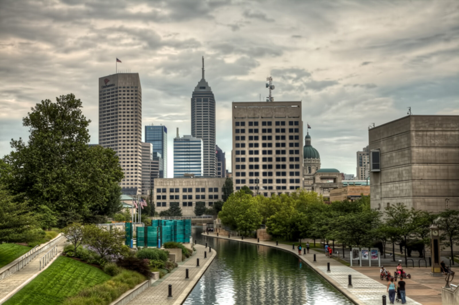 Downtown Indianapolis cityscape near the water.