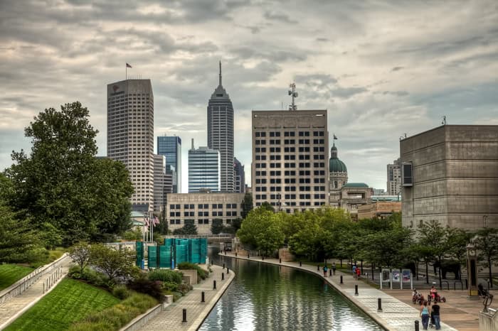 Downtown Indianapolis cityscape near the water.