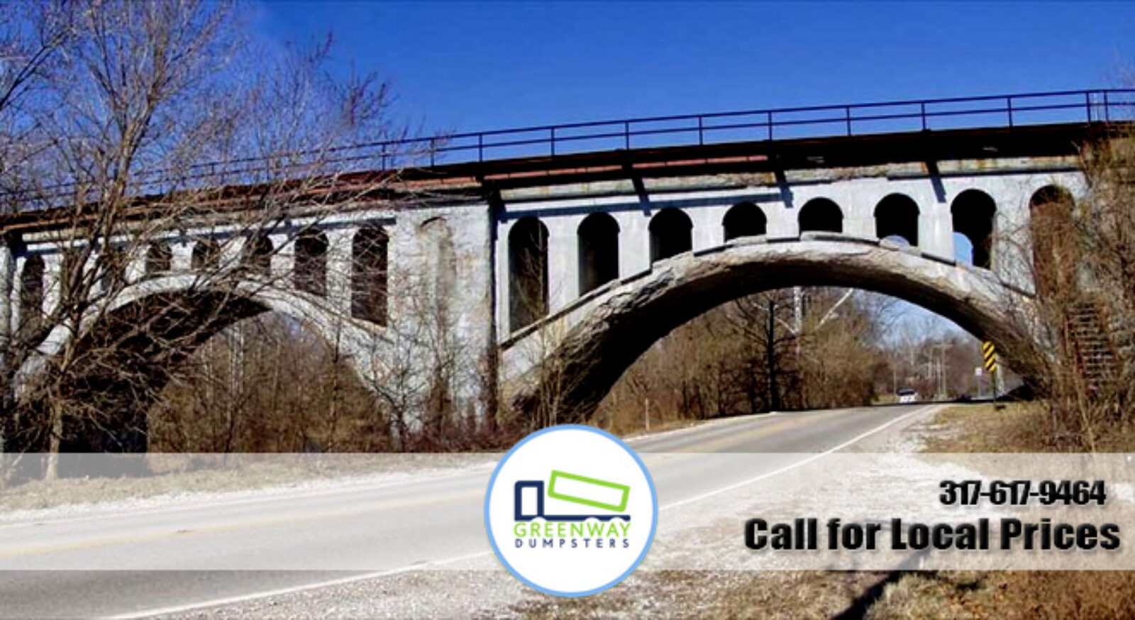 Greenway Dumpster Rentals logo on a marketing image with a bridge in the background.