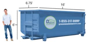 Jordan standing in front of a 25-yard dumpster (old design).