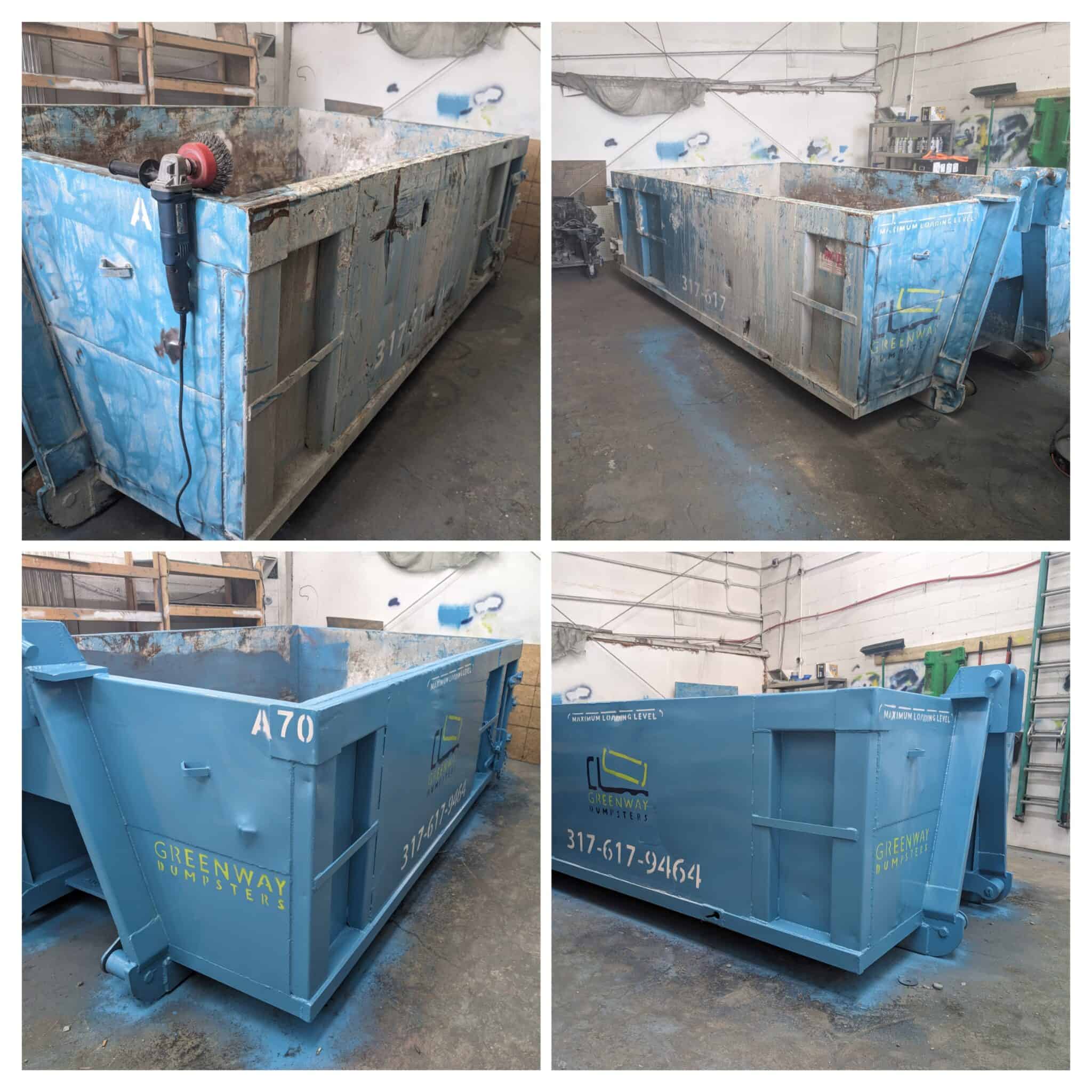 Recertifying a dumpster by sanding and cleaning for reuse