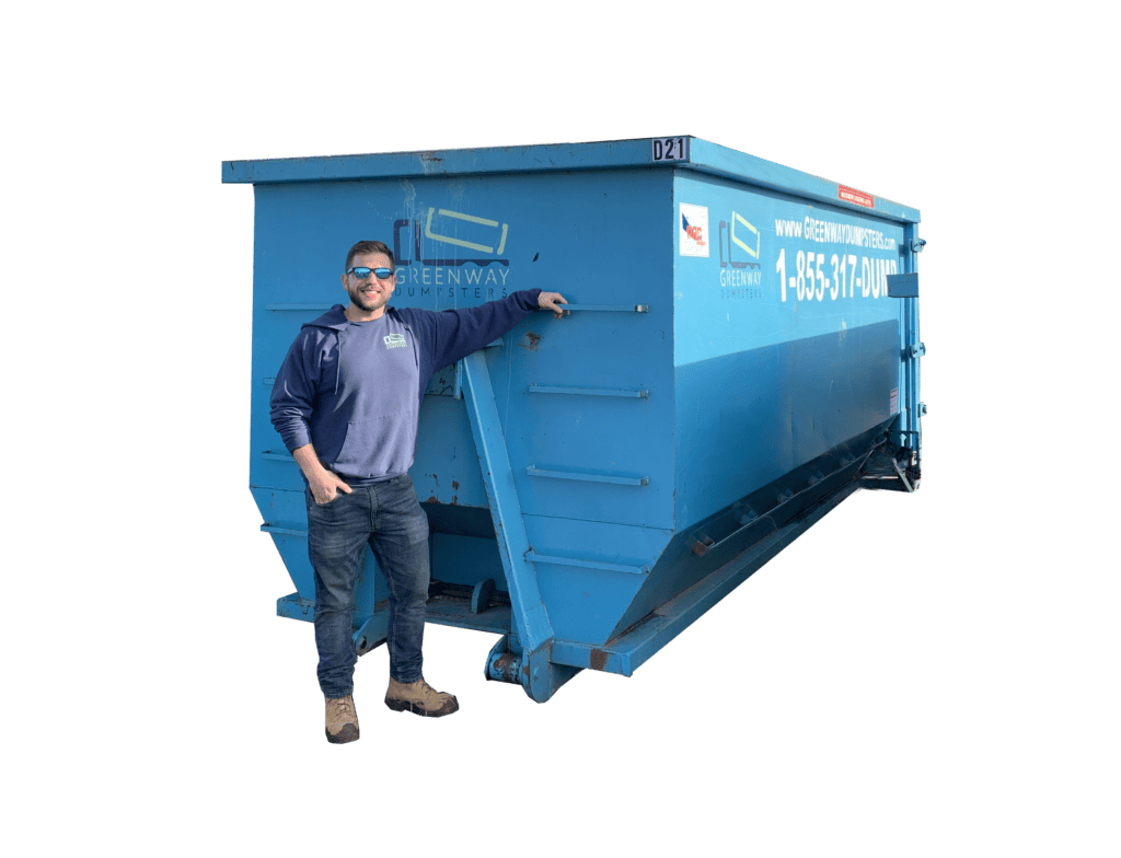 25-Yard Dumpster Demonstration. Jordan in front of a 25-yard dumpster for size comparison.
