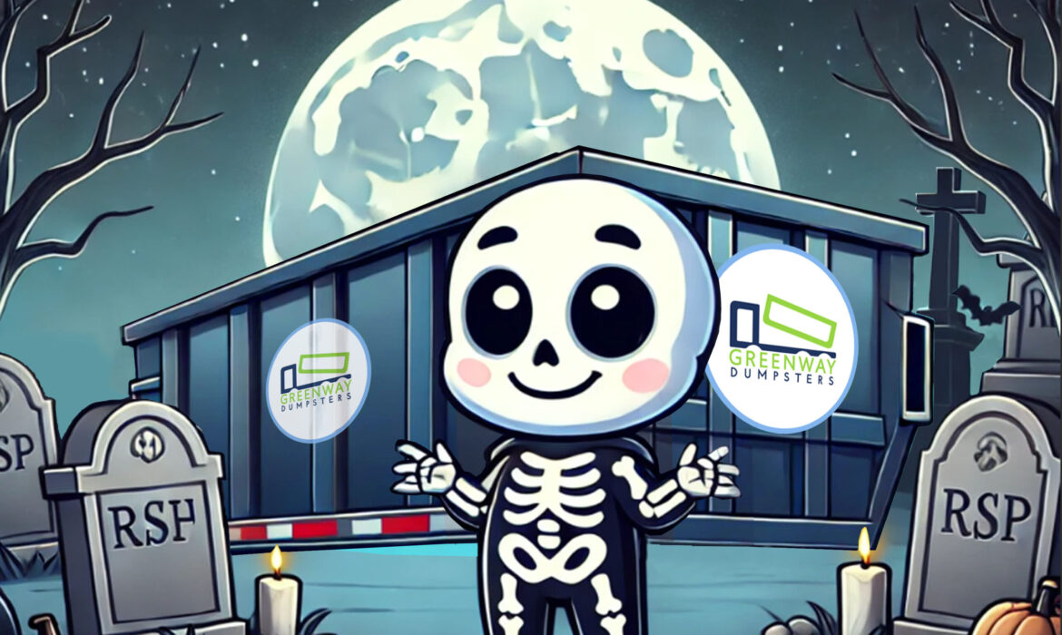 Skeleton Man with a dumpster in the background for Halloween