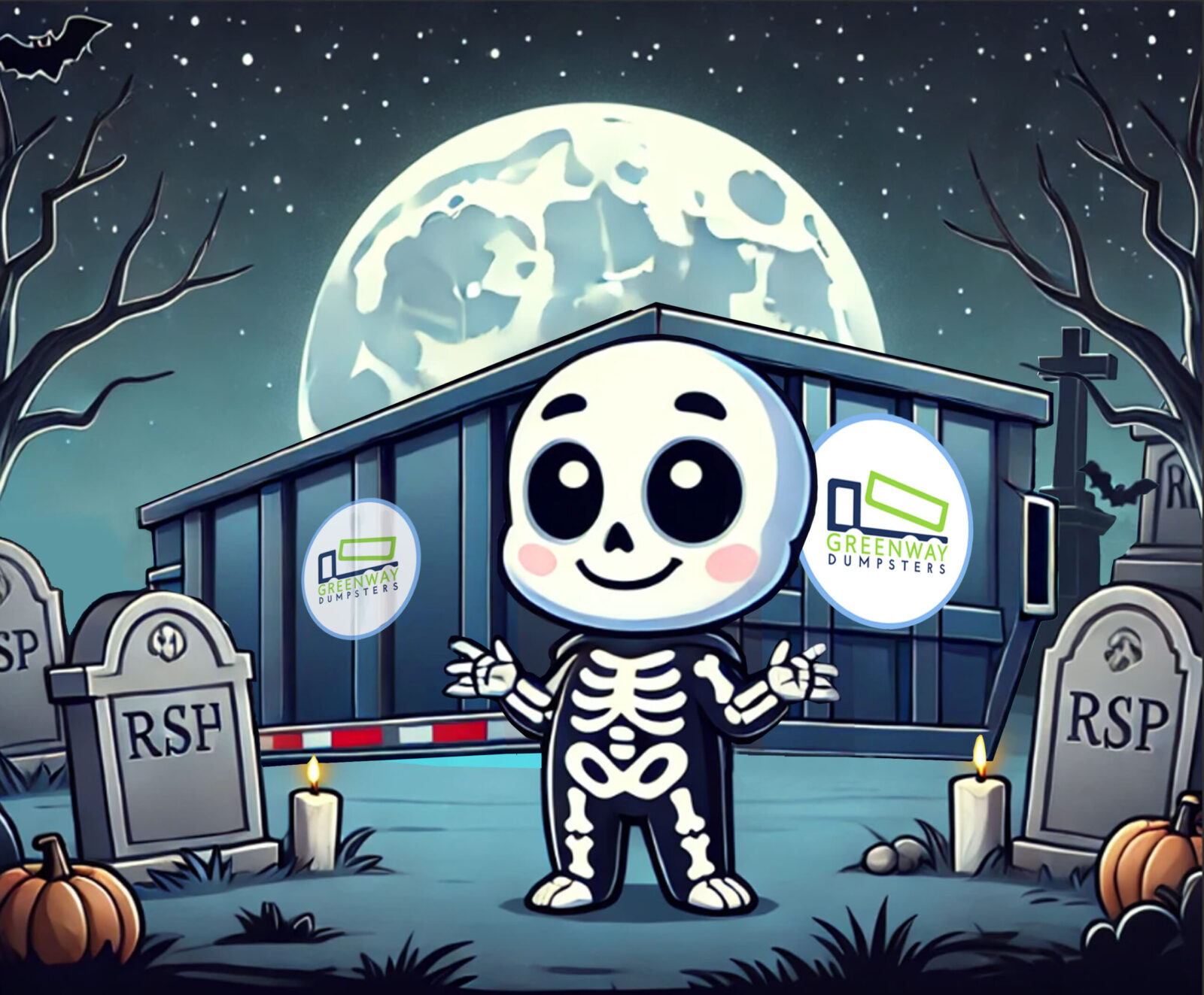 Skeleton Man with a dumpster in the background for Halloween
